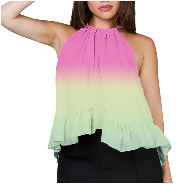 Tank T-Shirts for Womens Ruffled Hem Front Pleated Camisole Lace-Up Adjustable Neck Tank Tops Gradient Basic Camisole Baggy Dressy Shirts Pullover Sweater Blouses Beach Vacation Clothes