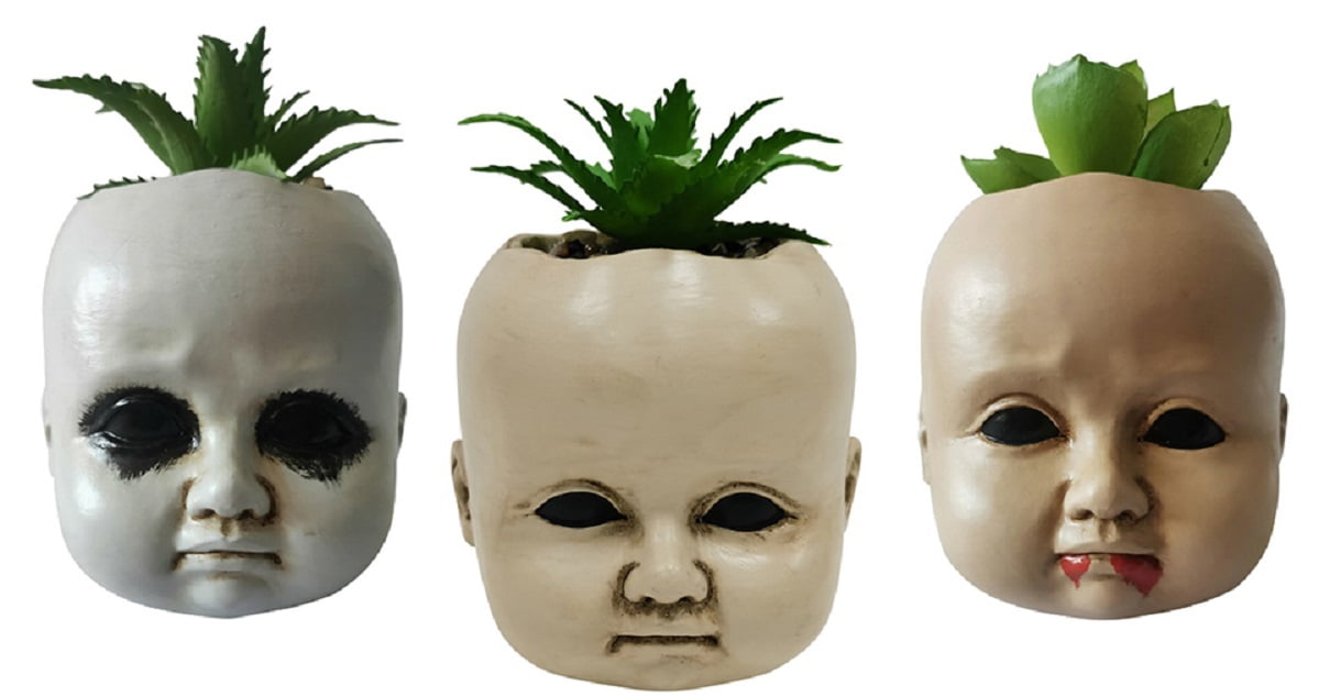 Creepy Baby Doll Heads Succulents Halloween Decoration Prop 3pcs