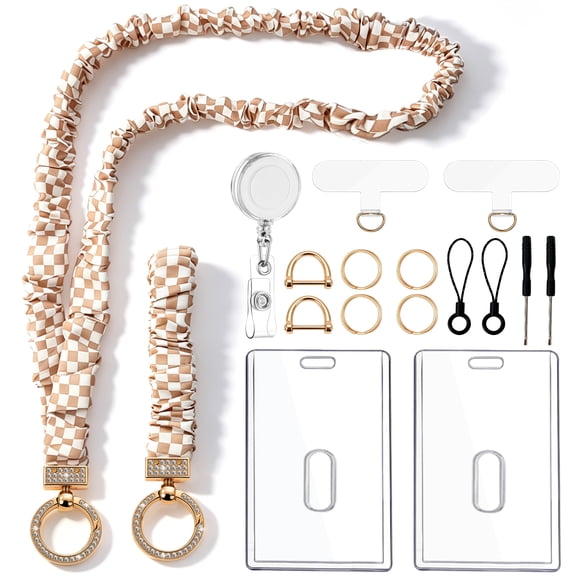 Sadocom Scrunchie ID Badge Lanyard, Elastic Teacher Lanyard with ID Holder, Neck Wrist Keychain for Office Staff, Phone Anti-Lost Strap Teacher Gifts, Pink & Beige