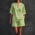 thumbnail image 2 of FINALGANG Womens Solid Color Two Piece Outfit V Neck Notch Collar Short Sleeve Top Elastic Waist Shorts Casual Matching Set For Summer Daily Wear Trendy Set, 2 of 4