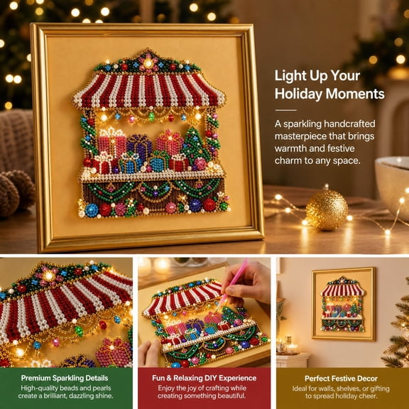 Christmas Themed Diamond Kit Painting with LED Lights Pearl Art Set Festive Wall Decor Craft Gift for Adults