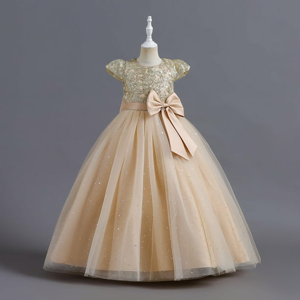 Vestido de niña Vestido de novia sin mangas con lentejuelas para niñas de talla mediana y grande Vestido de niña de flores Vestido de princesa de actuación Vestido largo hasta el suelo