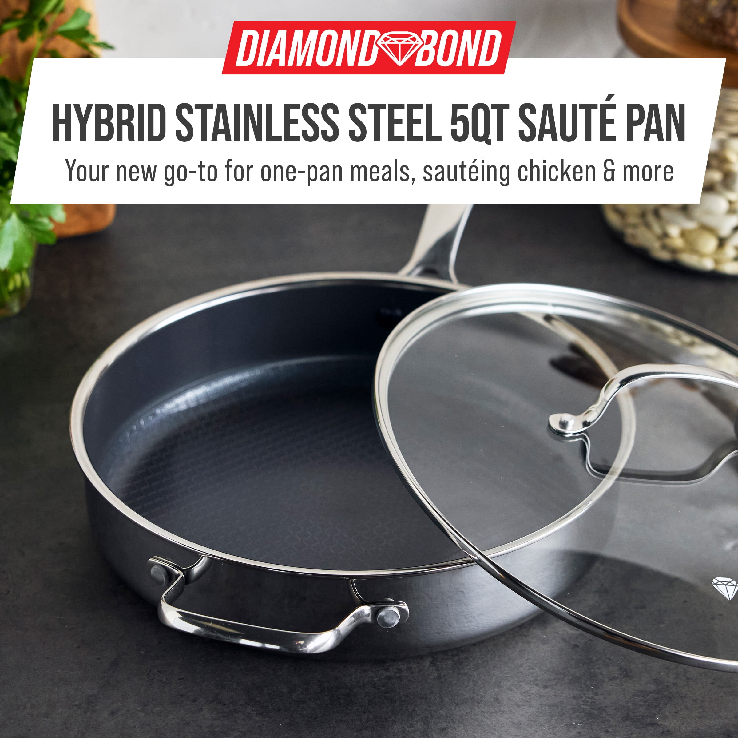 Blue Diamond 4qt Diamond Bond Ceramic Nonstick Hybrid Stainless Steel Saute Pan with Lid, Induction Ready