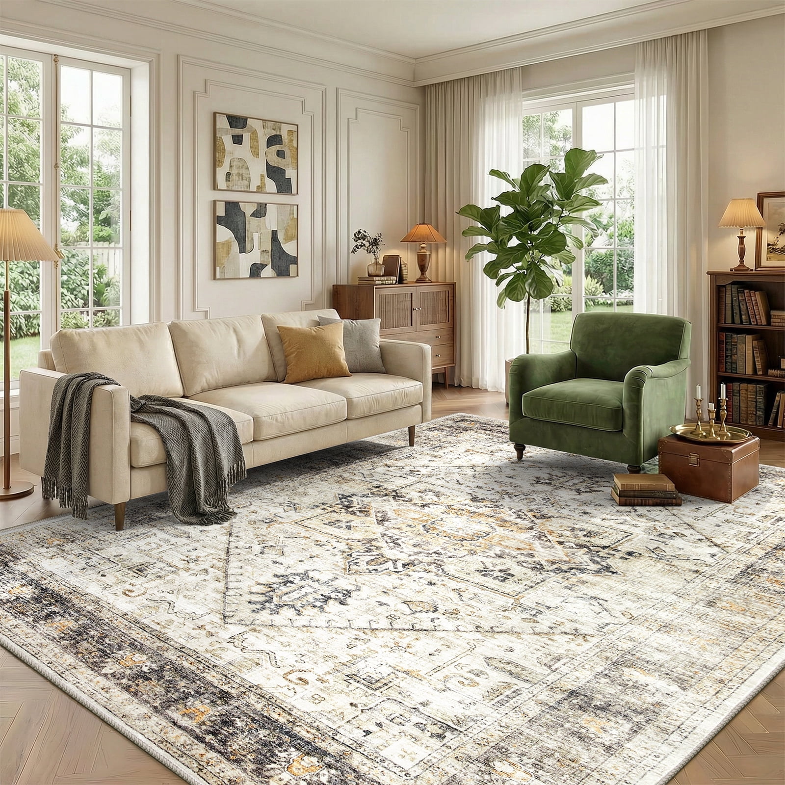 CHITOOMA 5'x7' Boho Area Rugs for Living Room, Machine Washable Stain Resistant Non-Shed Carpet, Area Rug with Non-Slip Backing for Bedroom, Dining Room, Dorm, Office