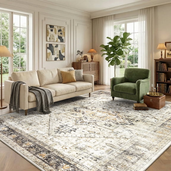 CHITOOMA 5'x7' Boho Area Rugs for Living Room, Machine Washable Stain Resistant Non-Shed Carpet, Area Rug with Non-Slip Backing for Bedroom, Dining Room, Dorm, Office