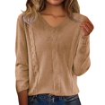 thumbnail image 2 of Women's V-Neck Cable Knit Sweater, Long Sleeve Loose Fit Pullover Top with Textured Pattern, Soft Comfortable Blouse for Layering and Outer Wear, Slimming Casual Everyday Wear for All Seasons Coffee, 2 of 7