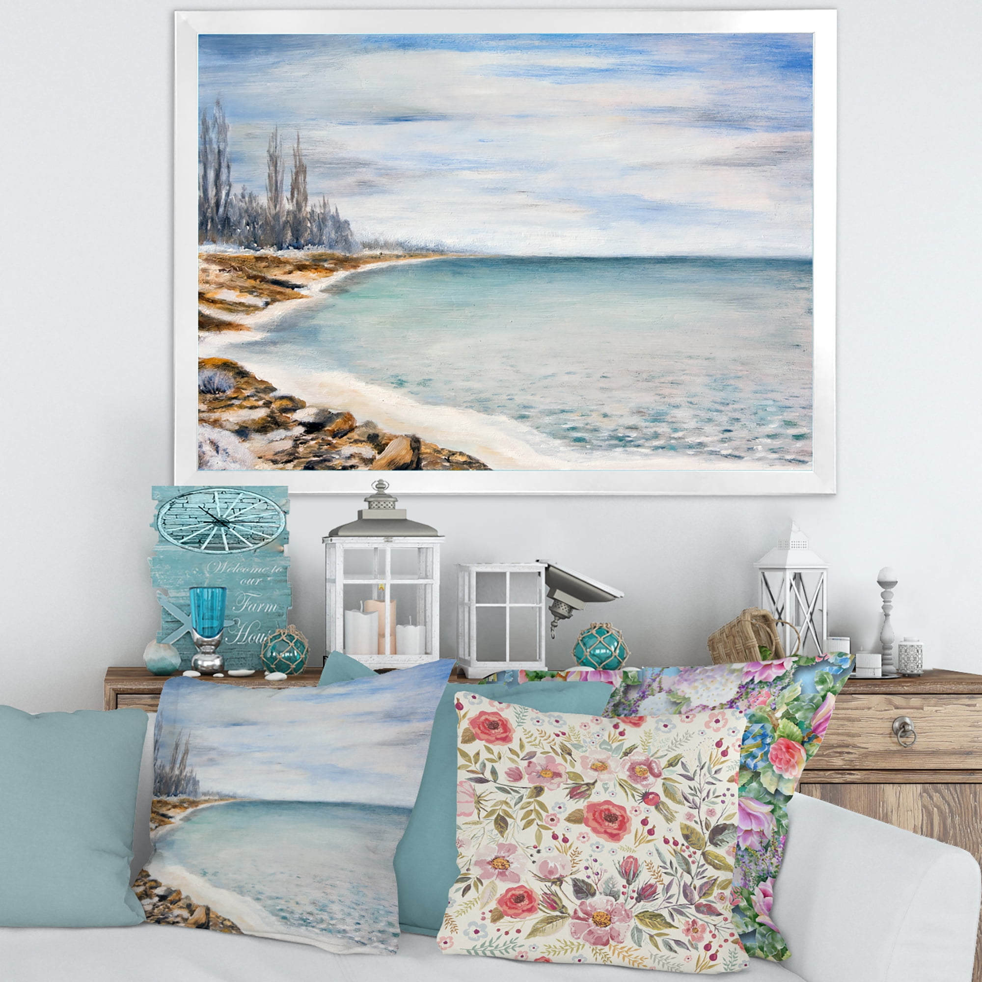 Designart 'Beach Is Covered With Ice' Nautical & Coastal Framed Art Print