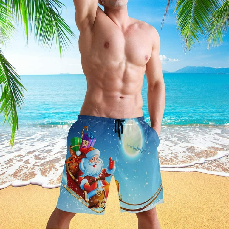 Men s Colorful Santa Claus Beach Shorts Hot Summer Swim Trunks Sports Running Bathing Suits with Mesh Lining