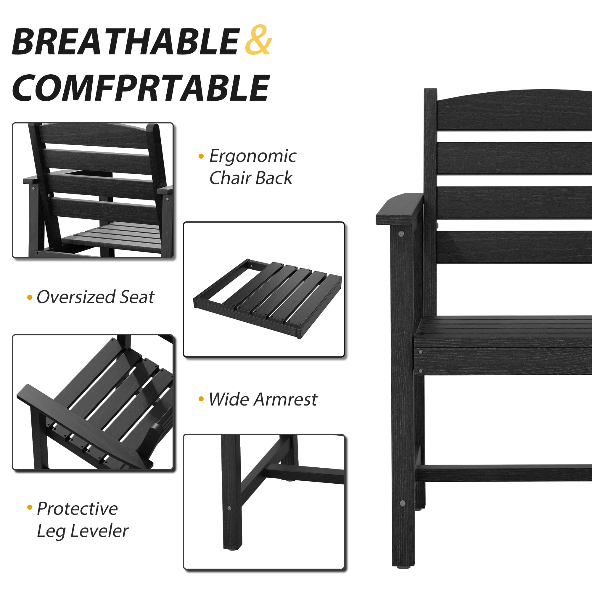 Eclife Set of 2 outdoor patio dining chairs Plastic Plywood Weather Resistant for Balcony Deck Pool Lawn Garden Backyard, Black