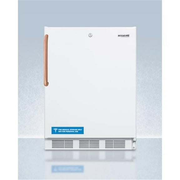 ADA compliant commercial all-refrigerator for freestanding general purpose use, auto defrost w/lock, copper handle, and white finish