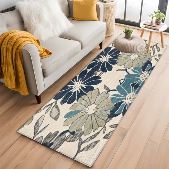 Sage Green Blue Floral Kitchen Runner Rug 2x6 Washable Runners for Hallway Non Slip Vintage Beige Botanical Large Area Rug Indoor Floor Carpet for Bathroom Laundry Entryway Bedroom Living Room