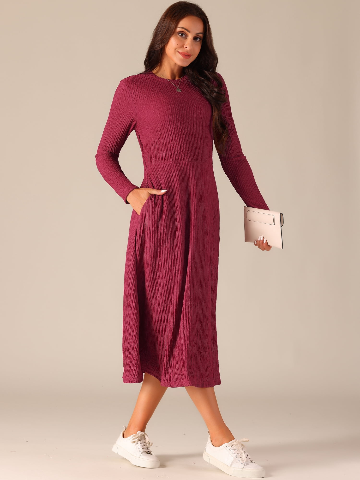 DARING DIVA Long Sleeve Crew Neck Knit A-Line Midi Dress XL Wine Red