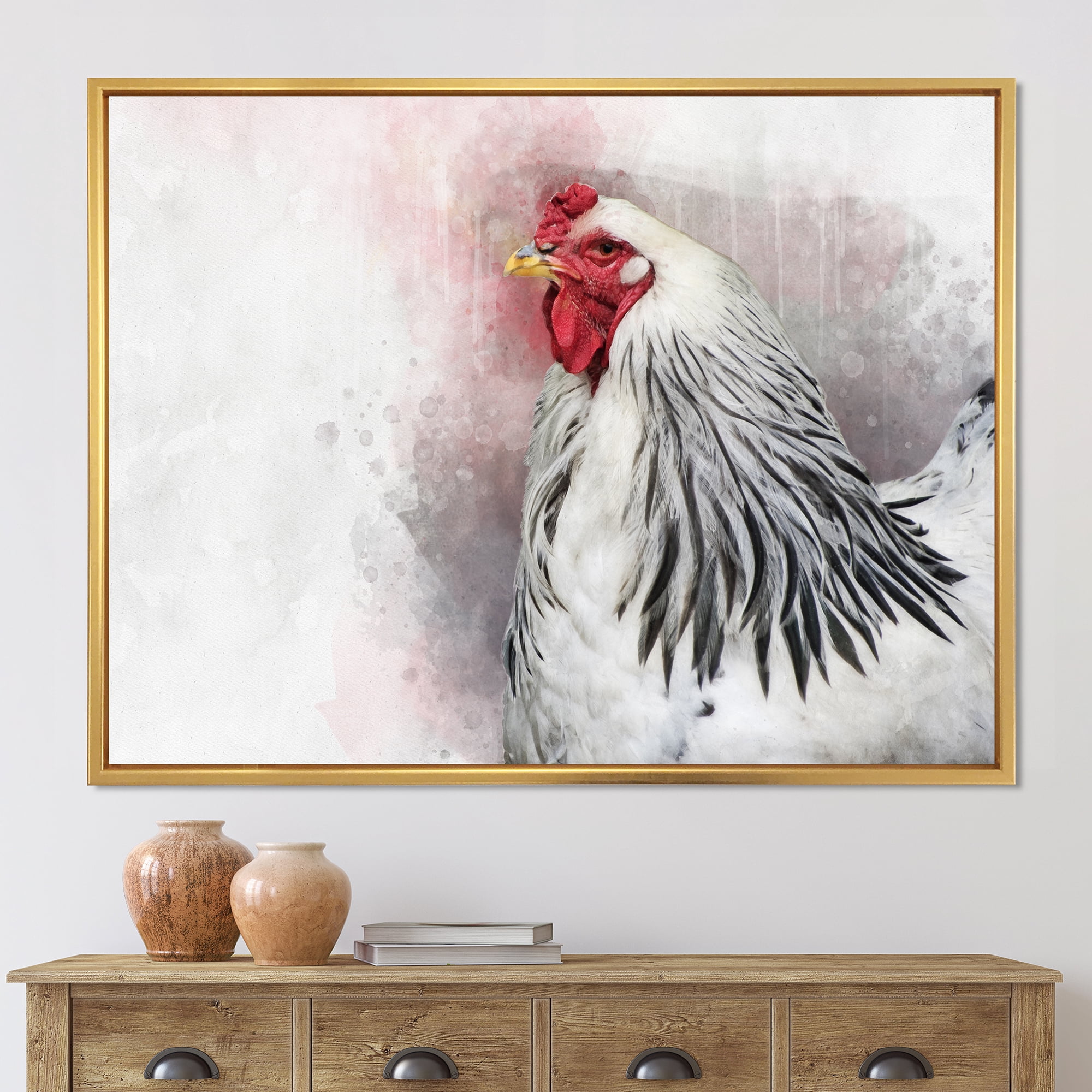 Designart 'Close Up Of White Columbia Brahma Rooster Bird' Traditional Framed Canvas Wall Art Print