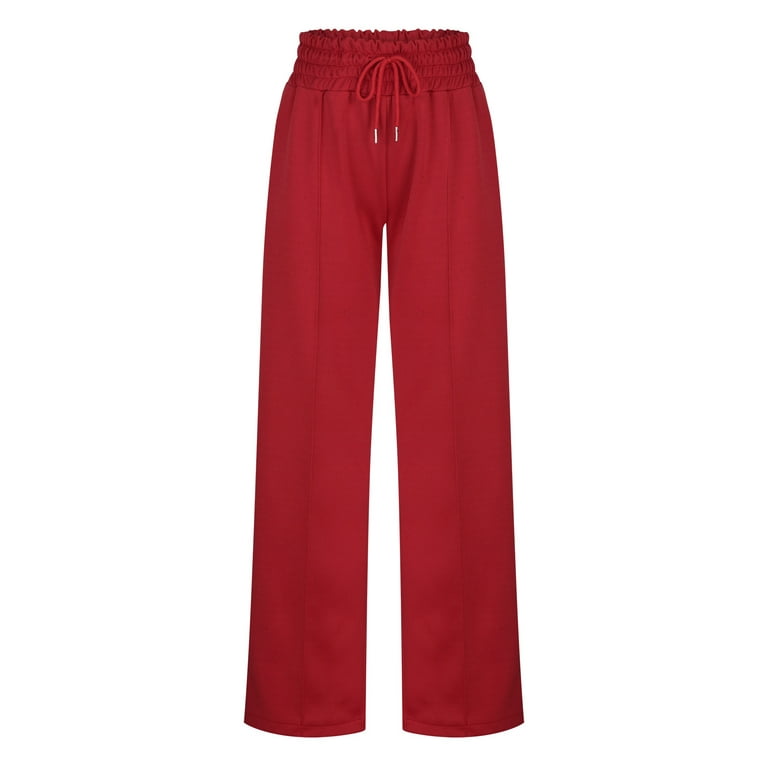 XFLWAM Women's High Waist Wide Leg Pants Casual Lightweight Elastic  Drawstring Palazzo Trousers with Pocket Red XL 