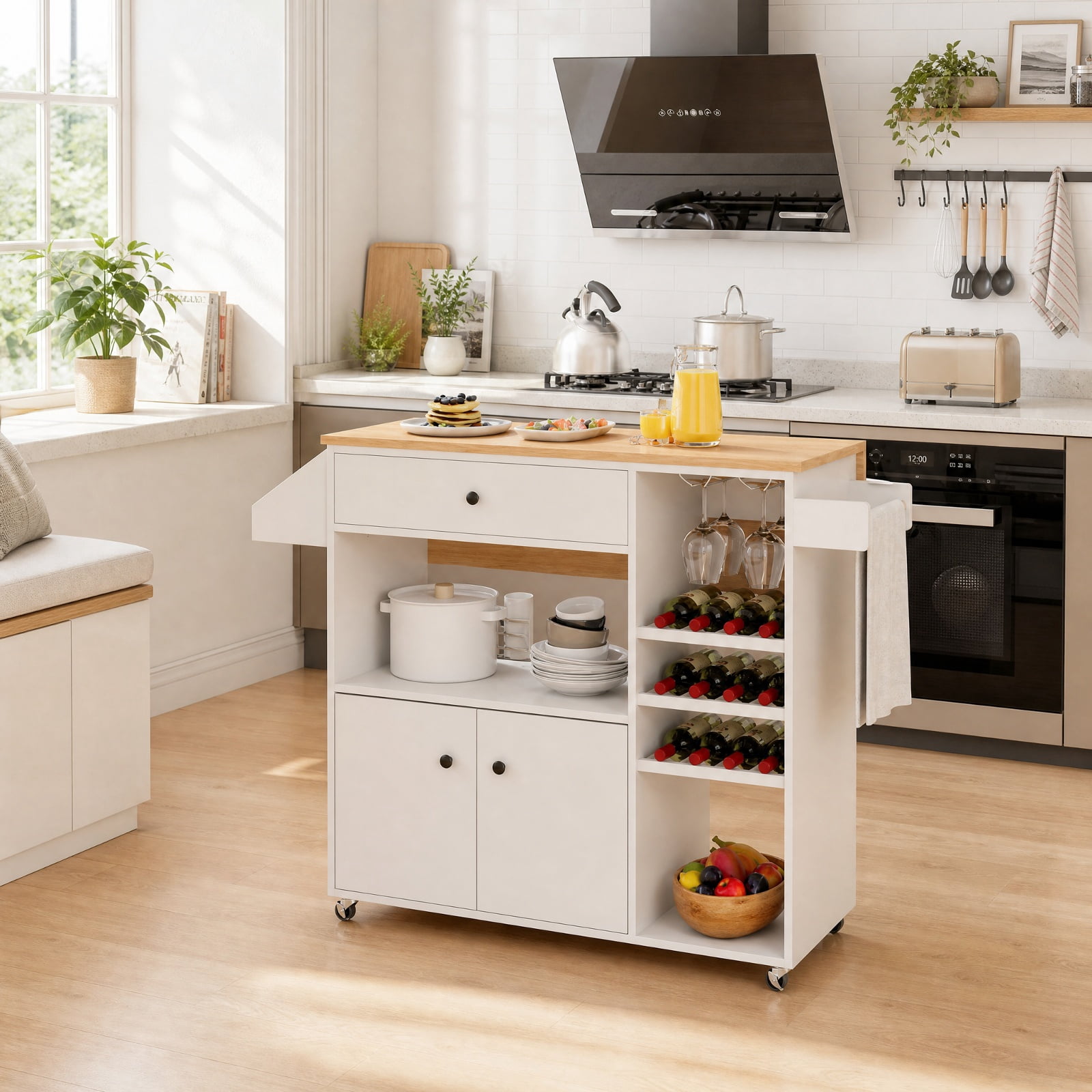 Furnibear Drop Leaf Mobile Kitchen Island Cart with Power Outlet Adjustable Shelf Wine Rack and Storage Cabinet for Small Kitchens, White