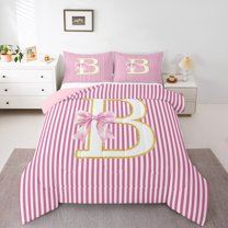 Homewish Cartoon Cute Monogrammed Queen Comforter Set, Pink Bow-tie Letter B Bedding Sets, Teens Kids Girls Reversible Bedding Comforter Set, Breathable Home Decor, 3pcs
