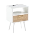thumbnail image 5 of GZXS Modern Farmhouse Rattan Bedside Table with USB & AC Outlets, 2-Tier Nightstand with Drawer and Open Shelf, Compact End Table with Charging Station for Bedroom, Living Room, White, 5 of 9