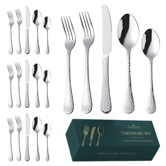Silverware Set, 20 Pieces Hammered Flatware Set for 4, Mirror Polished Stainless Steel Cutlery Set for Home, Kitchen, Restaurant and Hotel, Dishwasher Safe