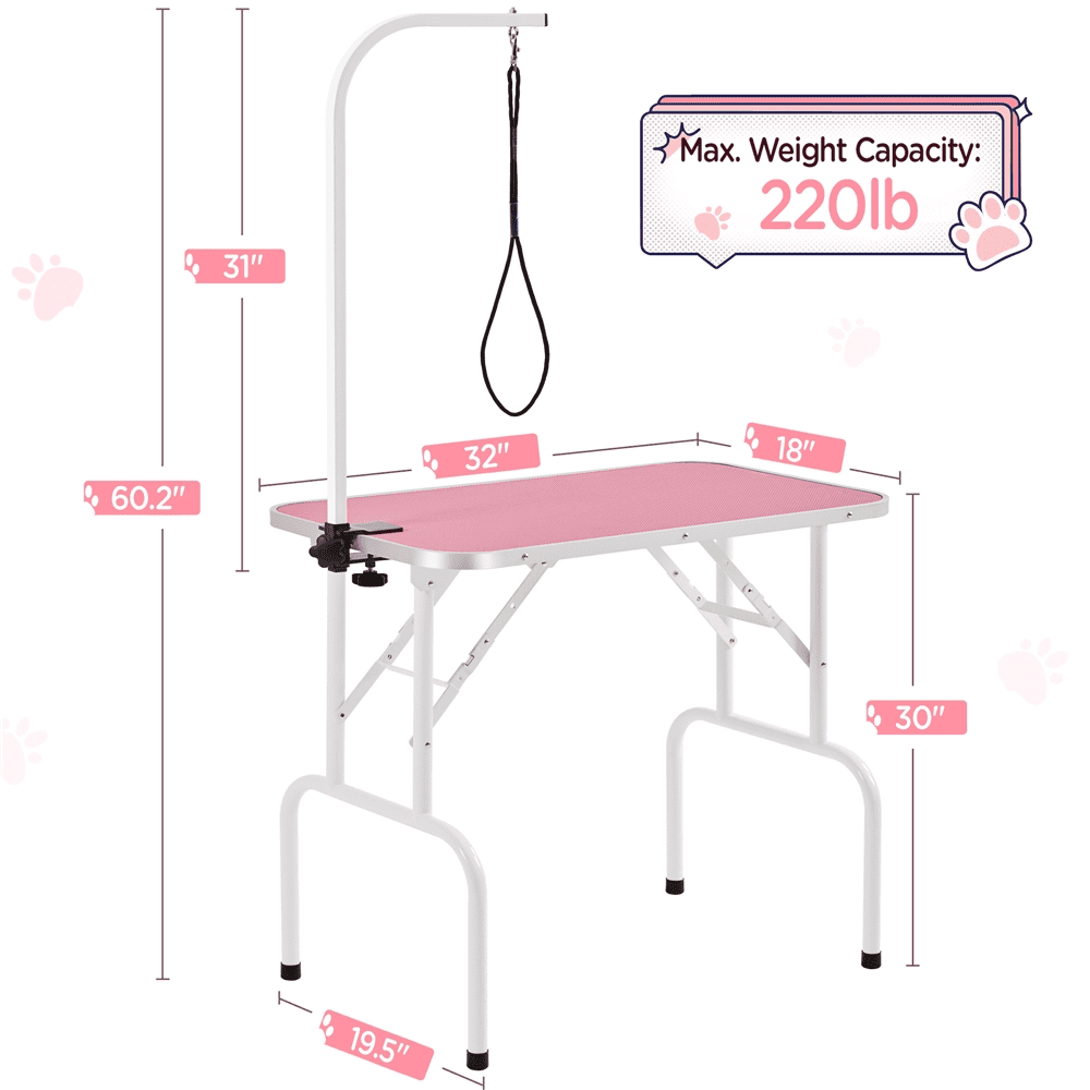 Alden Design 32"L Adjustable Foldable Pet Grooming Table, Pink