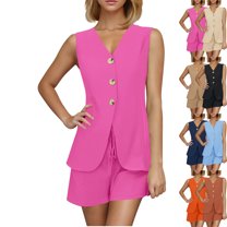 Admvng Two Piece Sets For Women Summer Suit Casual V-neck Button Up Short-sleeved Shirt and Shorts Suit S-2XL
