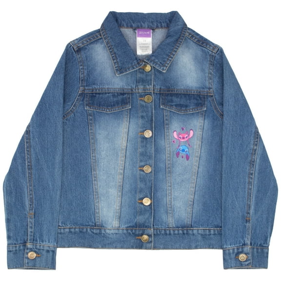 Disney Lilo & Stitch Girl's Button Up Jean Jacket - Fashion Denim Jacket with Disney Character Graphics for Kids (Sizes 7-16)