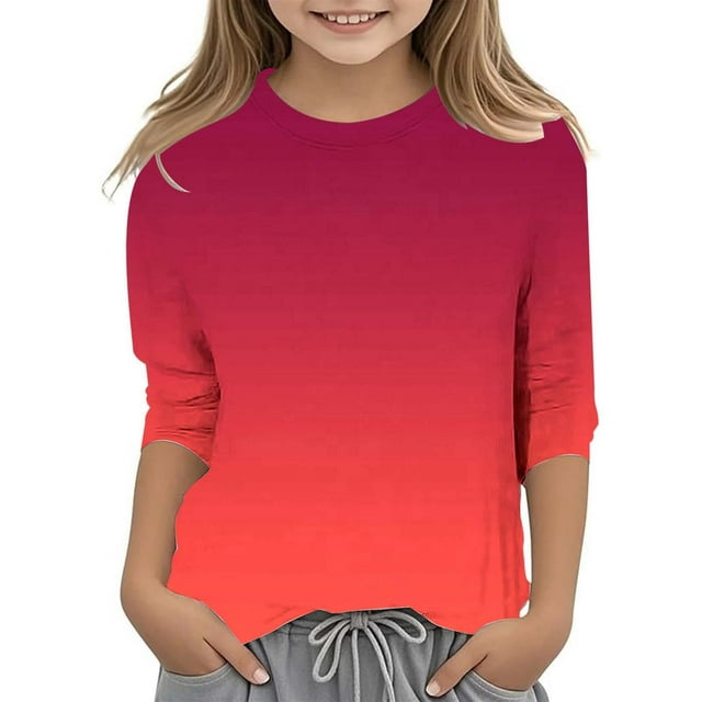 WEIYLL T-Shirts Fille Dégradé Imprimé Polyvalent Col Rond Manches 3/4 Décontracté pour Enfants de 11-12 Ans