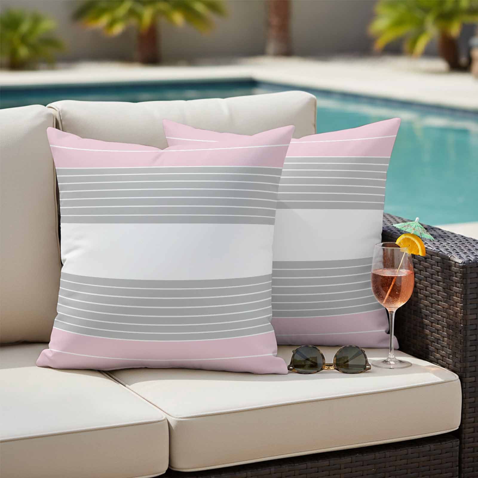 Pink Striped Outdoor Waterproof Pillow Covers, Multicolor Grey White Horizontal Stripes Decorative Square Throw Pillowcase Sofa Cushion Sham for Patio/Couch/Chair, 20"x20" 2 Pack