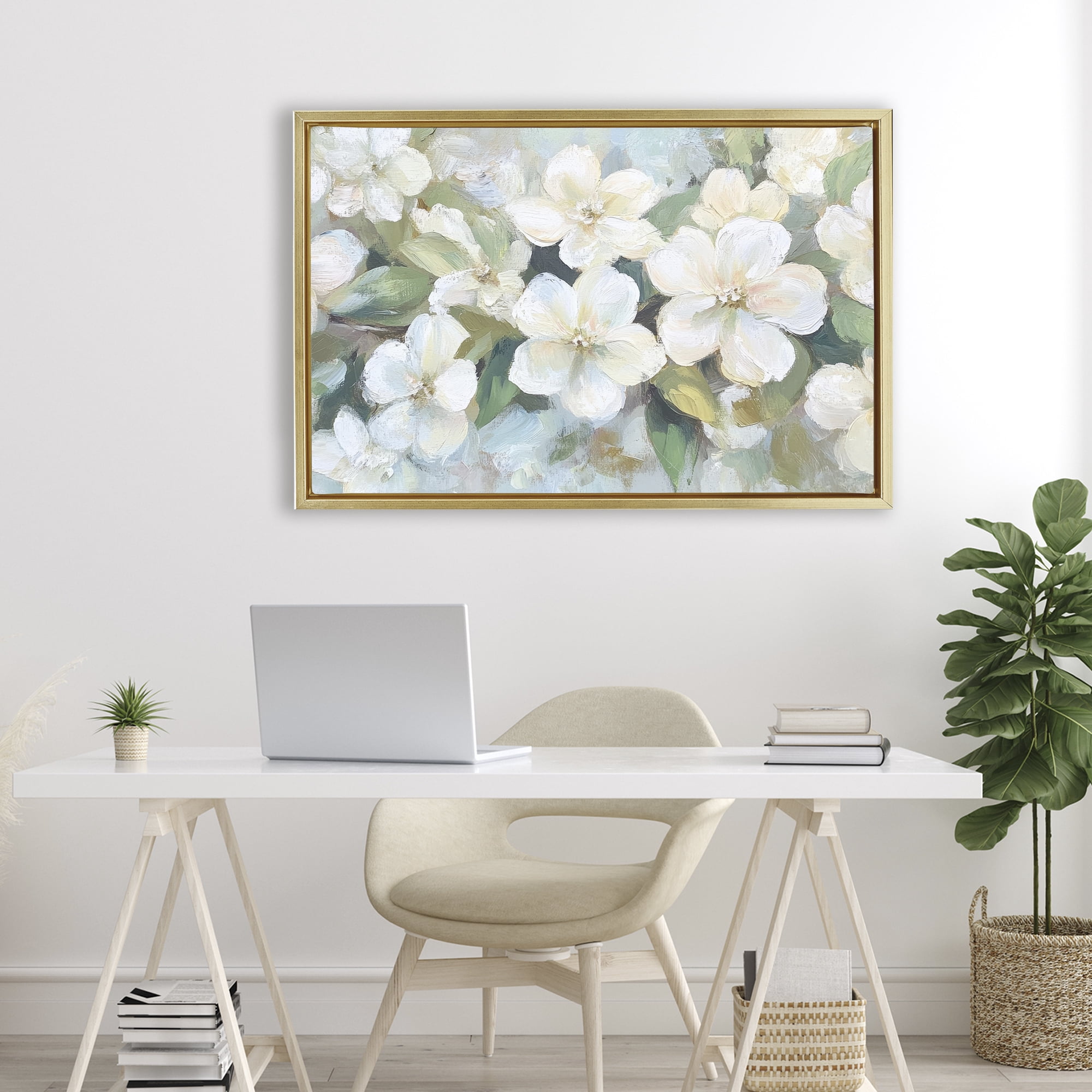 Stupell Industries Painted White Flowers in Leaves Gold Framed Floater Canvas Wall Art, design by Petal Prints Design