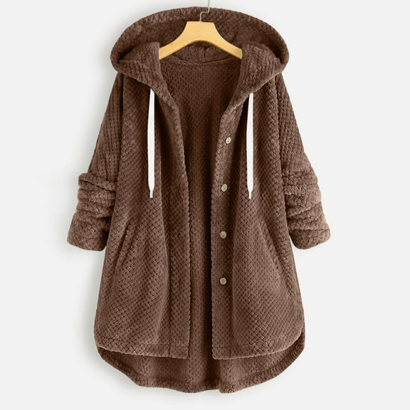 AOOCHASLIY Valentine's Day Women Coat Women Casual Button Jacket Pockets Long Sleeve Hooded Winter Plain Casual Tops Coat