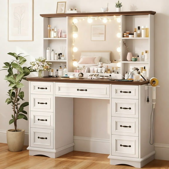 VEANERWOOD Large Makeup Table Vanity with Mirror and Lights, Farmhouse White Vanity with 9 Drawers and Shelves, Dressing Table for Bedroom