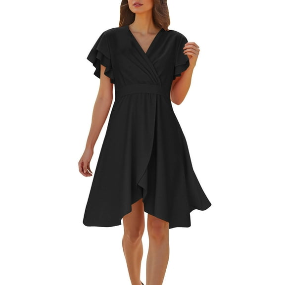 Levmjia Womens V Neck Casual Dress Polyester Flowy Ruffle Sleeve Summer Beach Party Elegant Solid Color Multiple Colors Available
