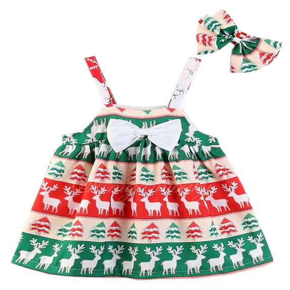 Little Toddler Girls Christmas Patterned Holiday Party Outfit Dress (Christmas Tree+Headband 2pcs, 3-4 Years)