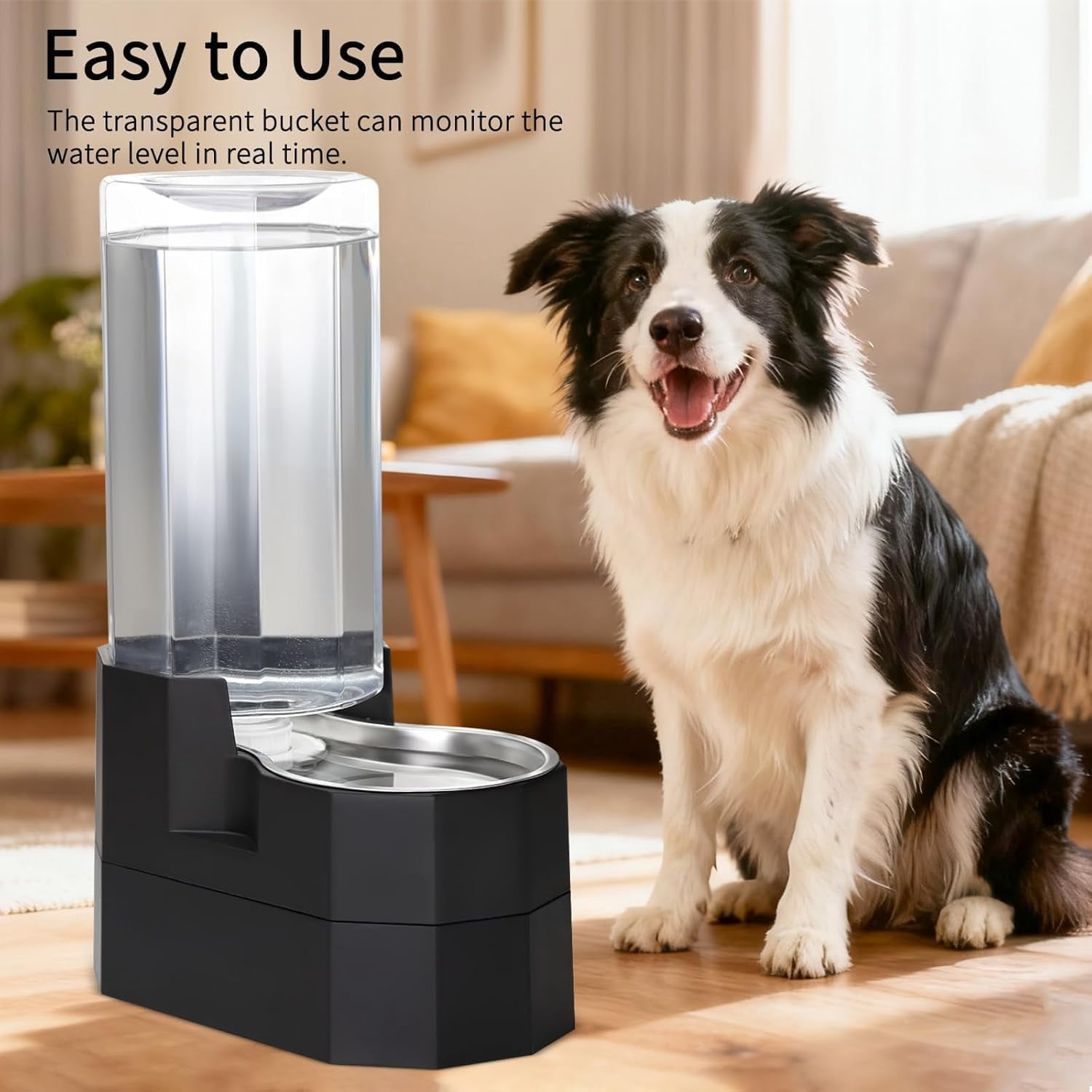 RIZZARI Black 9L Raised Gravity Dog Water Dispenser with Stainless Steel Bowl - BPA-Free, Includes 2 Caps, Leak-Proof & Easy-Clean, Automatic, for Senior Dogs’ Comfort, for Bedroom or Garden