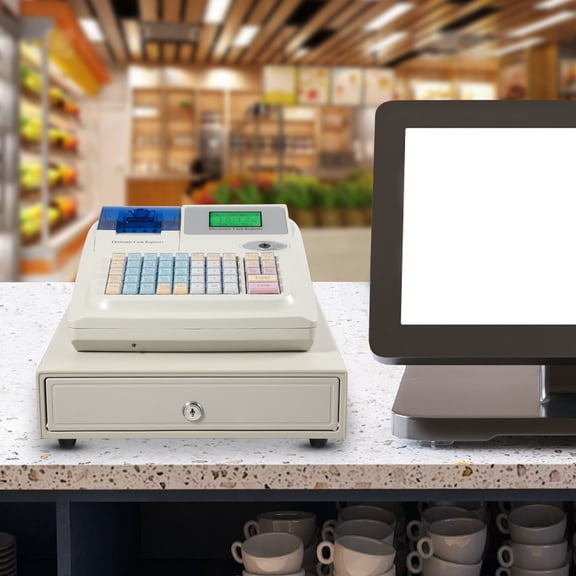 Electronic Cash Register with UV Cash Detection, 48-Key Keyboard, Thermal Printer, and Security Lock for Retail Businesses, Supermarkets, and Cafes