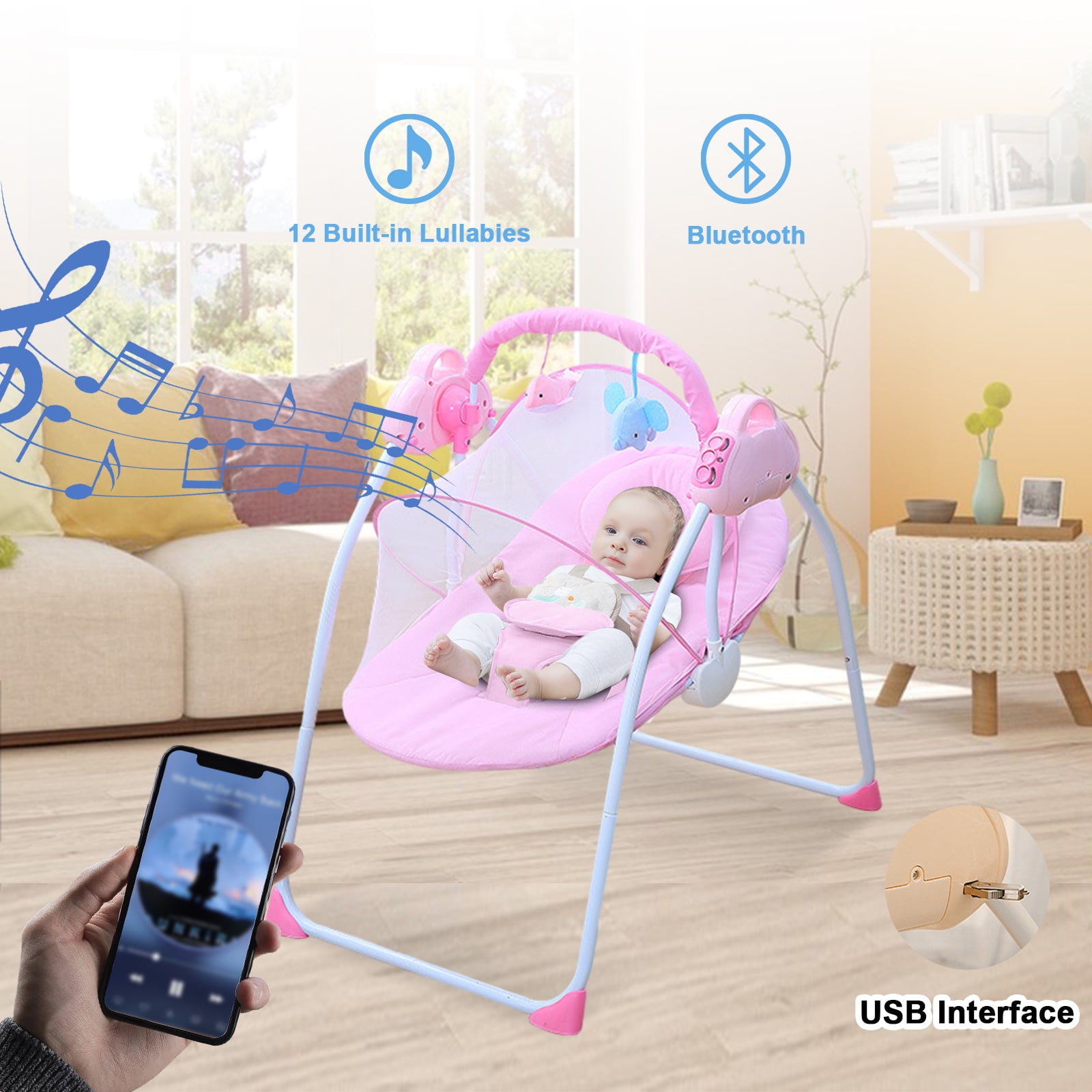 ANJORALA Baby Swings for Infants Toddler, Portable Newborn Swing Bouncer, Bluetooth(Pink)