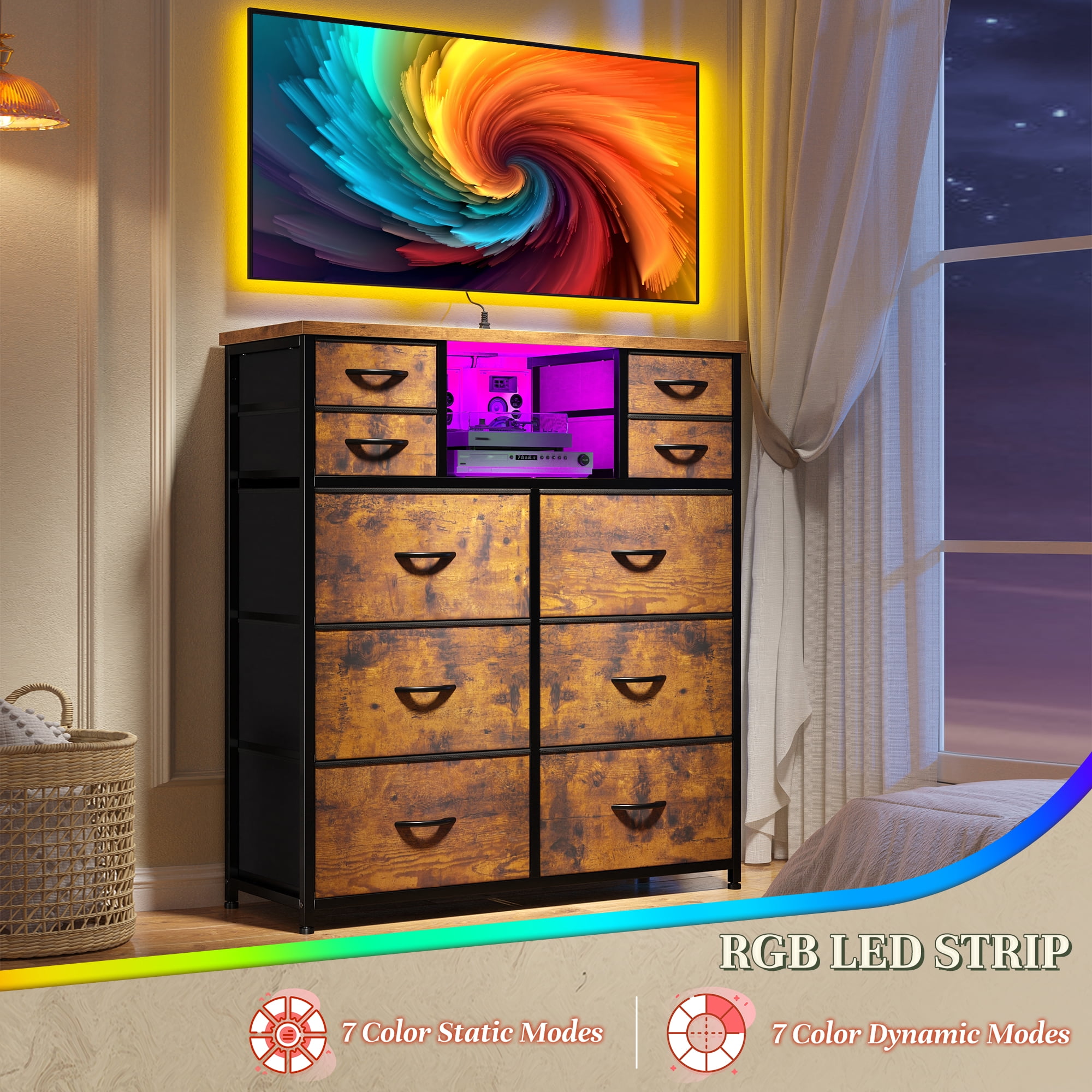 Enhomee Dresser for Bedroom with LED Lights & Charging Station Tall Chest of 10 Fabric Drawers with Storage Shelves, Rustic Brown