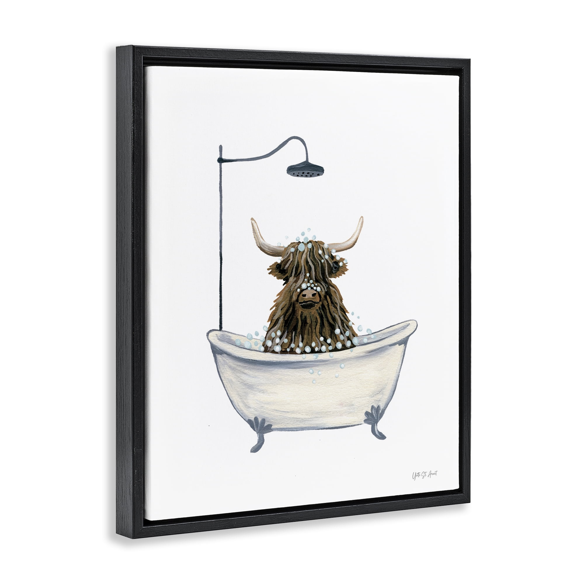 Stupell Industries Highland Cow Bathtub Typography Painting Black Floater Framed Canvas Art Print Wall Art, 17 x 21