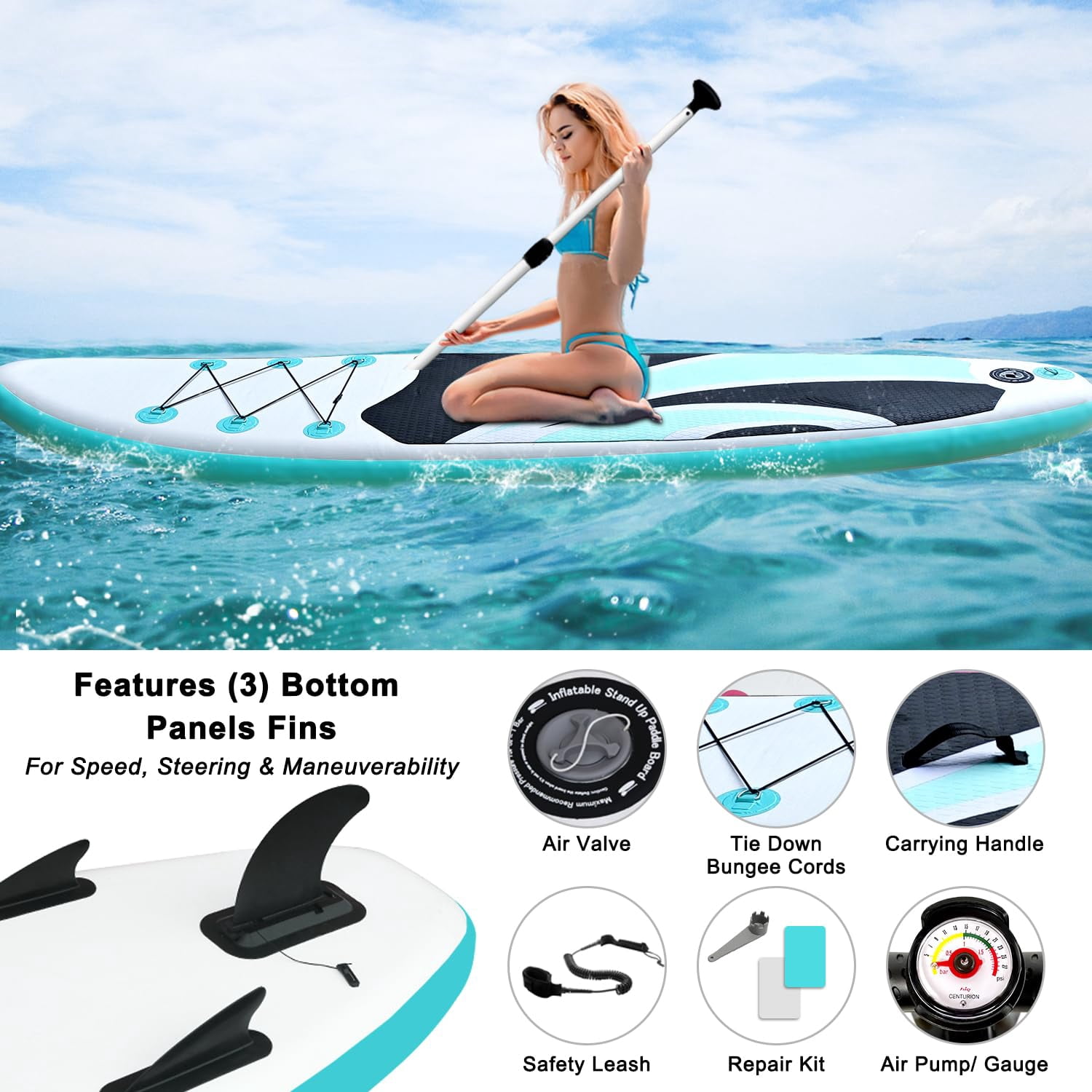 SUDOO Inflatable Stand Up Paddle Board 10‘x30‘‘, Ultra-Light SUP Board with Backpack, Pump, Paddle, Coil Leash, 3 Fins, Repair Kit, Stable SUP with Non-Slip EVA Deck for Adults & Youth