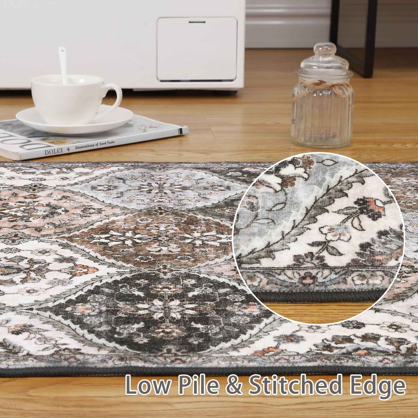 Aoile Washable Runner Rugs 2' x 6', Moroccan Trellis Rug Non-slip Stain Resistant Accent Rug Vintage Distressed Floral Floor Cover Carpet for Hallway Entryway, Grey/Brown