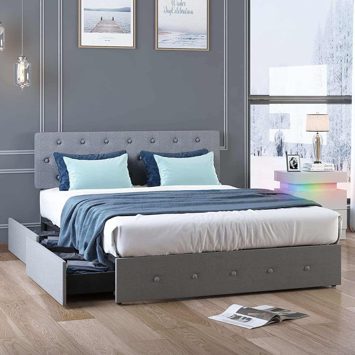 Mjkone Platform Bed Frame with 4 Storage Drawers, King Size Bed Frame