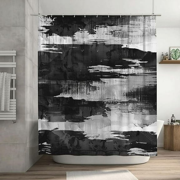 Black White Abstract Shower Curtain For Bathroom, Black White Grey Stripes Art Boho Shower Curtain Set, Oil Painting Fabric Modern Waterproof Bathroom Decor With 12 Hooks 36"W x 72"L (Pack of 1)
