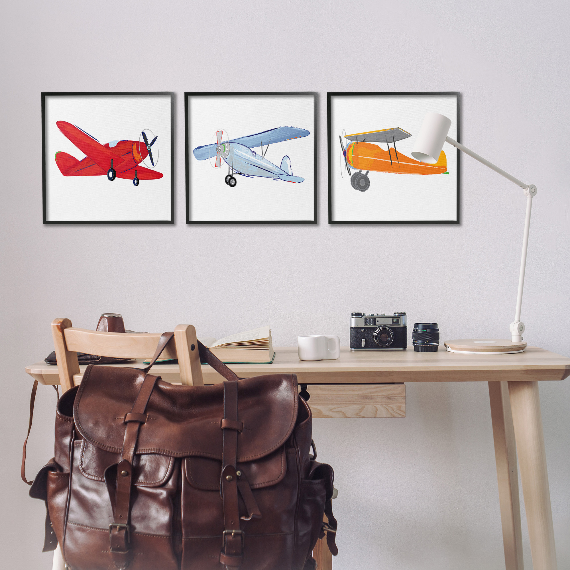 Stupell Industries Triple Colorful Airplanes Drawing Art for Kids Painting Black Framed Art Print Wall Art, 17 x 17, Set of 3