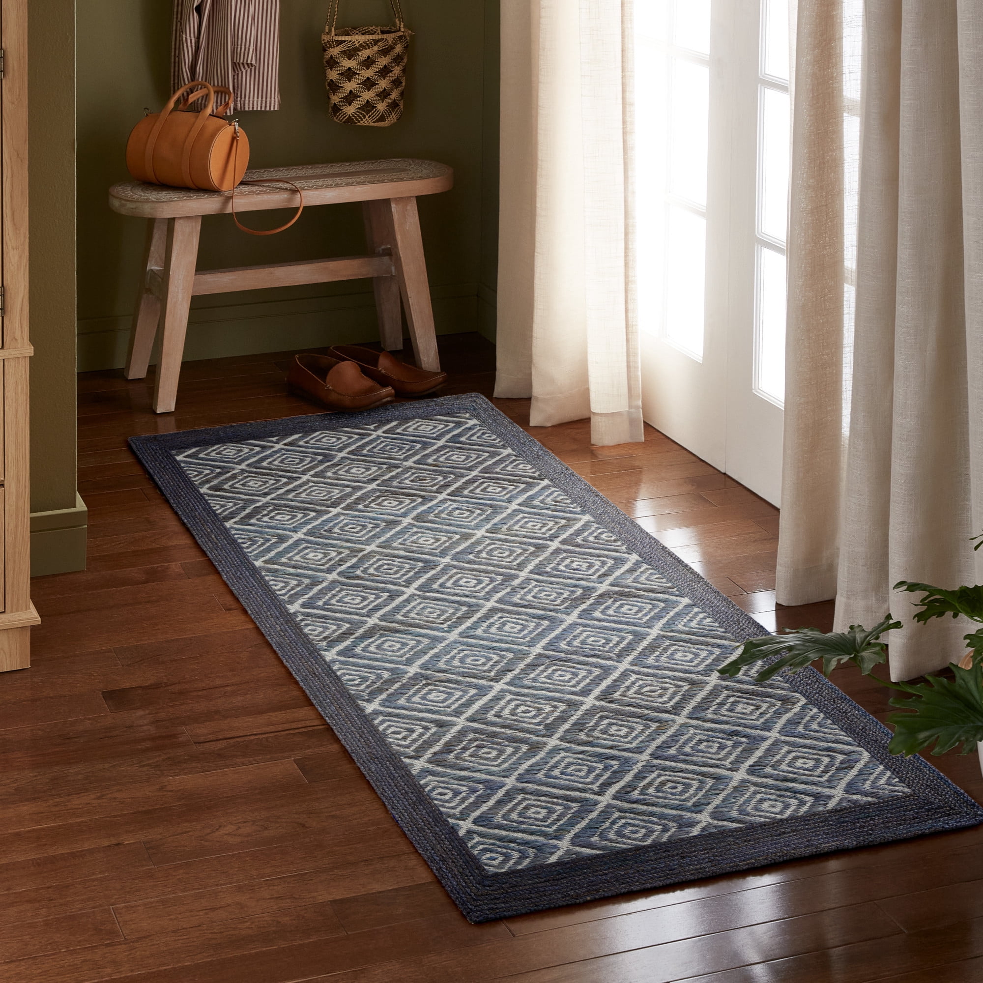 TOWN & COUNTRY TERRA Nalani Textured Diamond Hand-Knotted Flatwoven 100% Natural Jute Runner Area Rug, Midnight Blue, 2'5"x7"