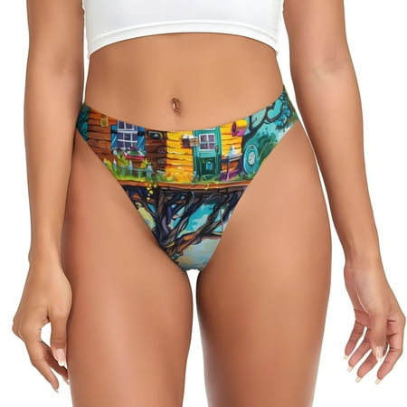 Qokaie Whimsical Treehouse Painting Printed Women s Cotton Thong Underwear  Sexy Breathable Panties G-string-Medium