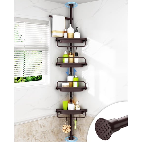 Shower Caddy Corner with 4 Shelves, Rustproof Adjustable Bathroom Organizer, Tension Pole Fits 34 to 116 Inch, Holds Large Bottles Towels, Brown
