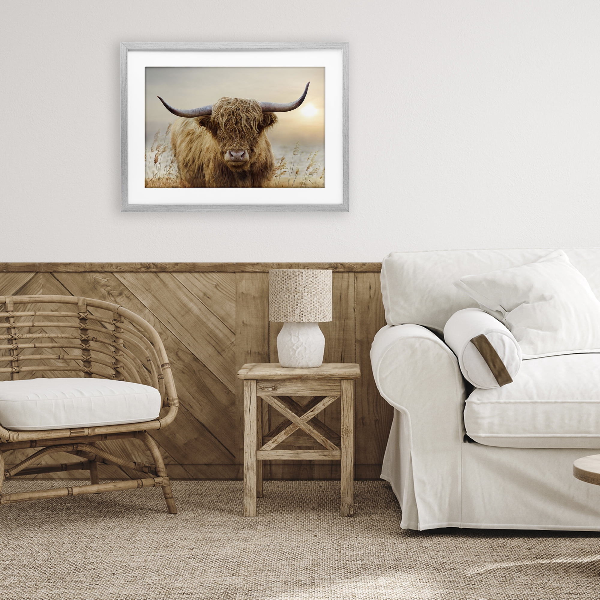 Stupell Industries Highland Cow & Warm Sunset Gray Framed Print Under Glass, design by CAD Designs