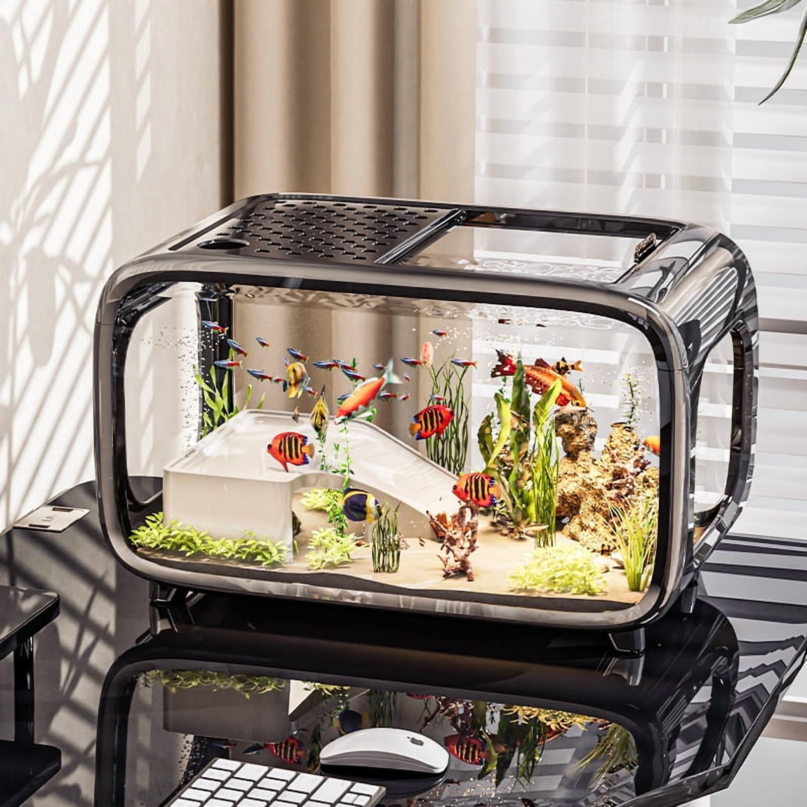 Aqualuxe Modern Aquarium Tank - 5 Gallon Crystal Clear Plastic Fish Bowl with Lid, LED Light & Filter, Eco Home Decor for Tabletop, Office, Living Room, Entryway