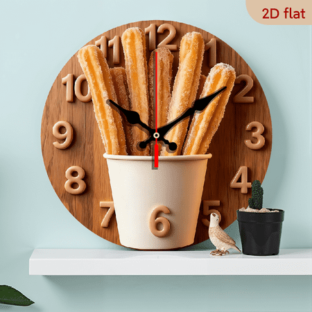 2D Flat 1pc 10Inch Wooden Churros-Themed Silent Wall Clock with Spanish Number Labels - 10Inch Artificial Wood Round Clock Room,, Spanish Class - Sweep Movement, - (AA Batteries Not Included)