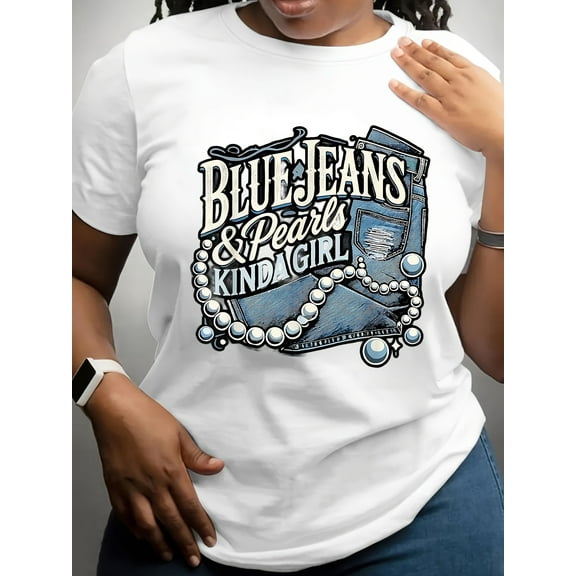 Plus Size Blue Jeans & Pearls Women'S T-Shirts Fashion T-Shirts Tops Shirts Round Neck for Daily Wear