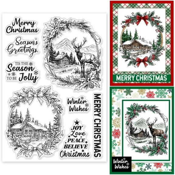 Christmas Landscape Clear Silicone Stamps for DIY Card Making Reindeer Cabin Silicone Transparent Stamp Seal Winter Decorative Clear Stamps for Scrapbooking Photo Album Journal Decoration